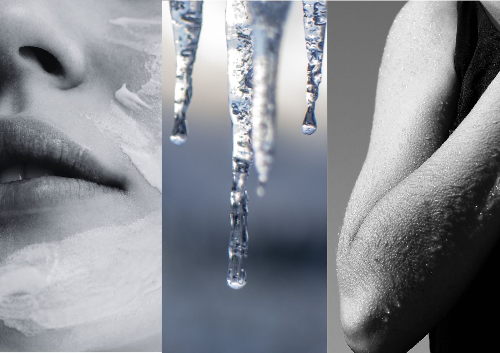 A triptych of lips, icicles, and an arm — elemental water and skin